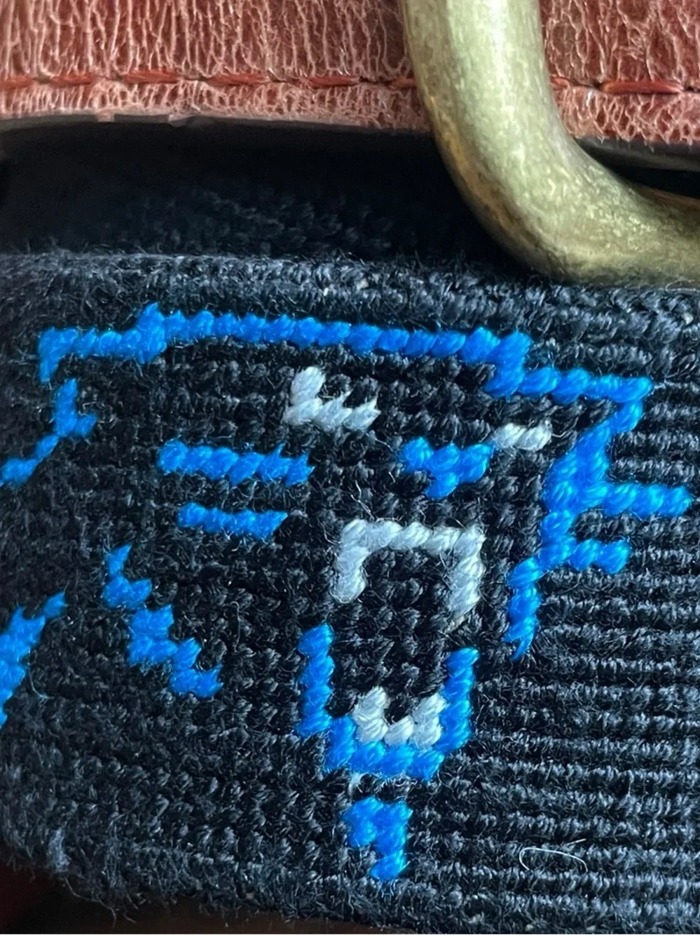 Smather’s & Branson Sz 36 Hand Stitched Needlepoint Belt Black CAROLINA PANTHERS